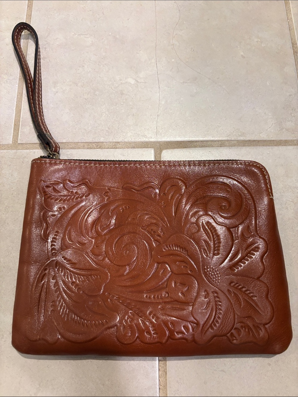 Patricia Nash Rose Tooled Embossed Leather Wristlet - Brown Zipper Pouch